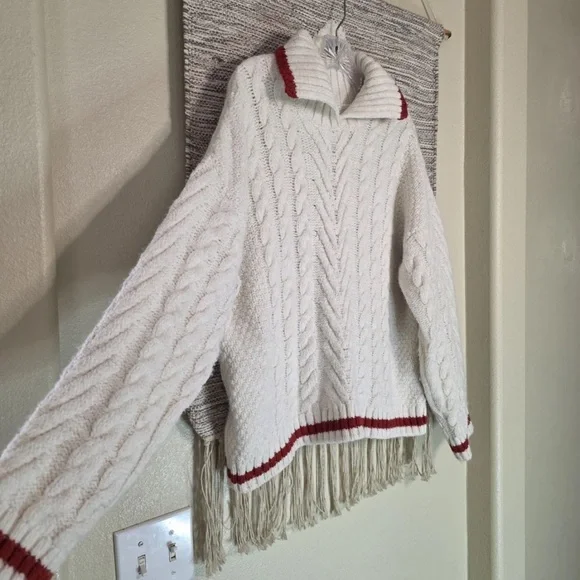 Mango White Cable Knitted Sweater, Red Striped, Preppy, Women's Size Medium - Picture 3 of 8